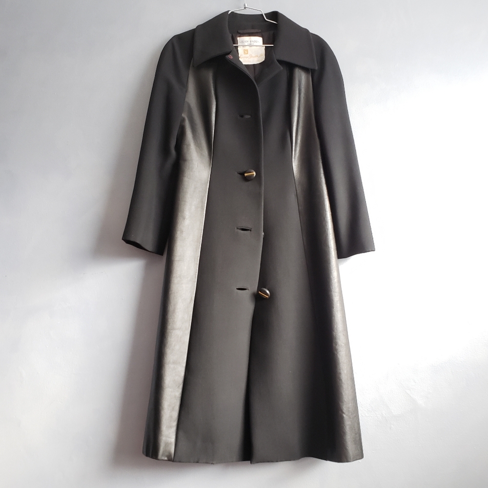 JEAN PATOU 60'S BLACK LEATHER & WOOL, FALL, WINTER, LONG COAT, SIZE 8 NEW